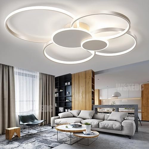 Dimmbare LED 6 Ring Wohnzimmerleuchte LED-Deckenleuchte moderne kreative Deckenbeleuchtung Innenbeleuchtung für die Augenpflege Für Schlafzimmer Büro Esszimmer Jugendzimmer (Weiß, L100cm 93W)