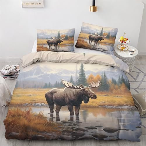 GEDAEUBA Bettwäsche 135x200 Elch - Waldtiere Bettbezug 135 x 200 2er Set, Wendebettwäsche und Kissenbezug 80x80, Weiche & Angenehme Mikrofaser Bettwäsche-Sets mit Reißverschluss