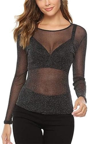 EMOTTOS Women's Sexy Lace Tops, Shiny Slim Fit Tulle Mesh Long Sleeve Top, Round Neck See Through Shirts for Women, Female Sexy Leotard Silver Thread Clubwear(C2-Black-XL)