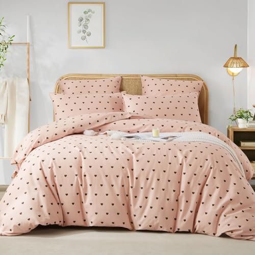 Lanqinglv Herz Bettwäsche 220x240 Baumwolle Mädchen Rosa Herzenmuster ÖKO-TEX Bettwäsche Set - Aesthetic Bettbezug mit Reißverschluss und 2 Kissenbezug 80x80 cm