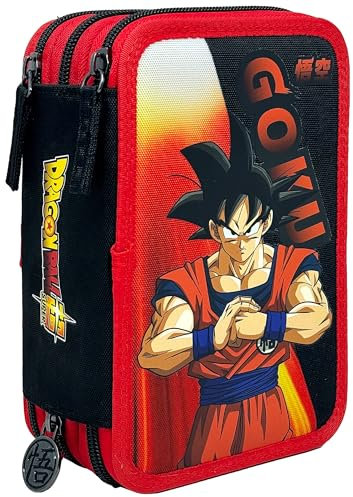 Clondo Dreifach Fefülltes Federmäppchen für Kinder, für Dragon Ball Fans, Mädchen, Jungen, 45 Schulutensilien, 3 Reißverschlüsse, organisierte Fächer, Buntstifte, Filzstifte, Kleber, Schere