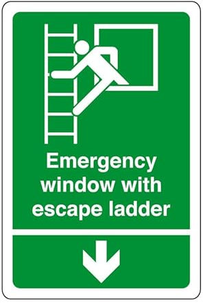 Emergency window with escape ladder arrow down - safety sign - High tack self-adhesive sticker (200mm x 150mm) Viewing Distance within 5m.