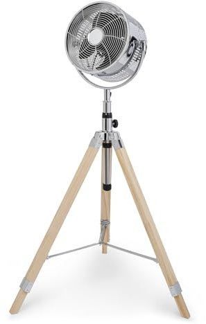 Bigben Ventilateur 80W Design Rétro sur Pied, Trépied en Bois, 3 Vitesses, Hauteur Ajustable et Tête Orientable Chromée pour un Flux d'Air Ciblé - FANR01S