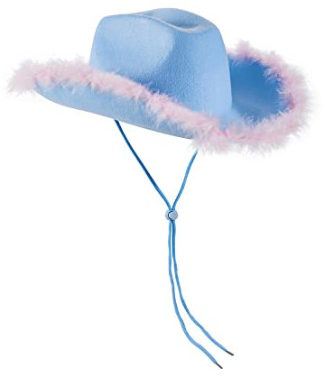 Yoisdtxc Cowboyhut für Damen, rosa Cowboyhut mit flauschiger Federkrempe, Cowgirl-Kostümhüte für Halloween, Karneval, Rollenspiele, Cosplay, Geburtstagsparty-Zubehör (Hellblau-2)
