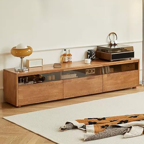JIAOCKJIAO TV Schrank, 160×35×43 cm, Fernsehschrank im Landhausstil, TV Board, TV-Tisch mit 3 Schubladen, Tv Sideboard Wohnzimmer(Natural)