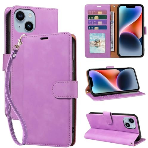 GOTOURED Wallet Phone Case for iPhone 14 6.1 inch, [RFID Blocking 4 Card Slots] [Wrist Strap] [Kickstand] Shockproof Protective Soft Leather Flip Cover for iPhone 14 Case (Purple)
