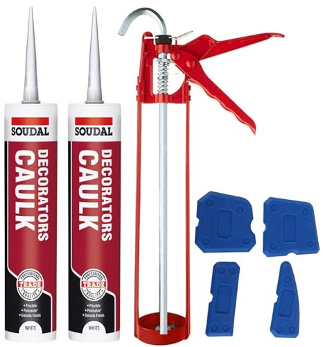 Decorators Kit de calfeutrage blanc – Ensemble avec pistolet à mastic, outil de lissage en silicone, mastic adhésif en silicone acrylique blanc Soudal, Produits d'étanchéité, Kit Scellement