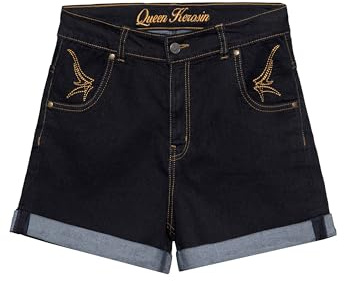 Queen Kerosin Damen Denim Jeans Shorts High Waist Wide Leg Baumwolle Stretch