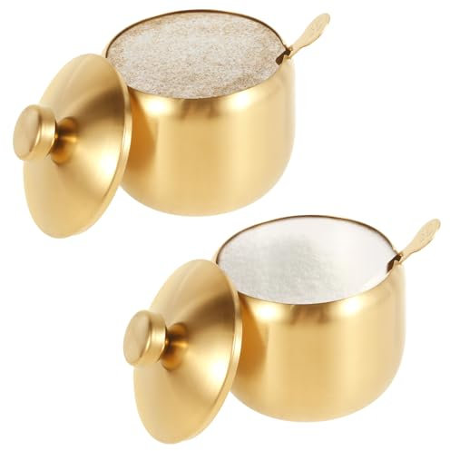 Fyeme Lot de 2 sucriers avec cuillères - 7 × 8,3 × 10,5 cm - Salière avec couvercle en acier inoxydable doré - Pas facile à casser - Pour stocker le sucre, le sel, le poivre noir