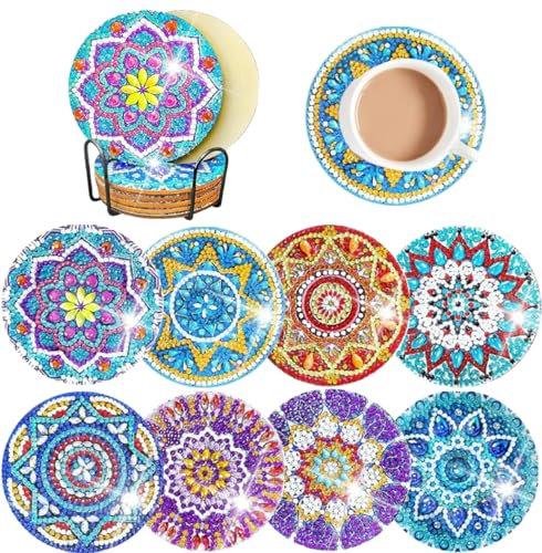 Diamond Painting Coasters, 8 Pieces DIY Mandala Pattern Diamond Cup Coasters, Art Painting Decoration for Cups, Wine Glasses, Vases and Home Kitchen (Mandala)