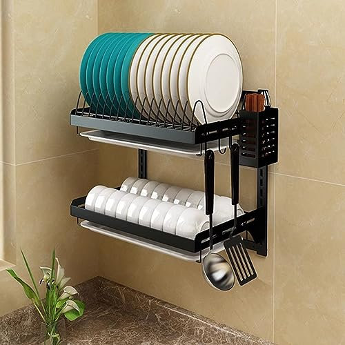 GLJTUO Escurridor De Platos Colgante, Escurridor De Platos De Acero Inoxidable para Montaje En Pared De Cocina, Escurridor De Platos con Tabla De Drenaje,Black-41x30x40.5cm