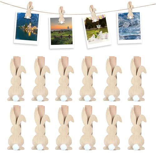 Ostern Holzklammer mit Hase,12 Stück Hase Mini Holzklammern,Ostern Holzklammern,Holzklammern Ostern,Osterhase Deko Holz, Osterdeko Clip für Deko Fotos Bilder Collagen Postkarten Geschenke (A)