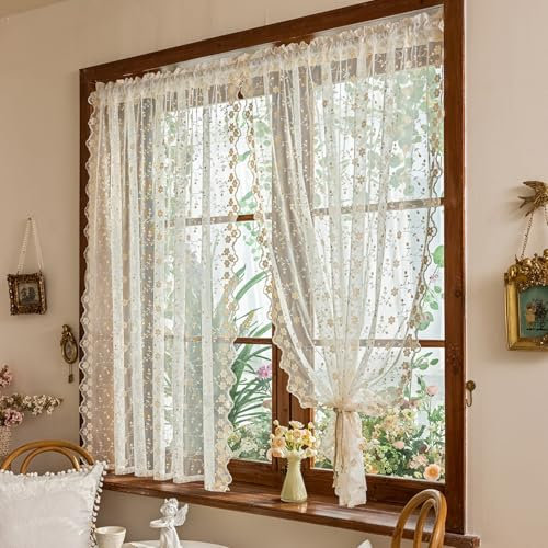Scheibengardinen Landhausstil mit Stickerei Blumen Muster, Voile Vorhang Gardine Transparente Spitze Blumenstickerei Kurzvorhang Küchengardine Transparent Kaffee Gardinen (140×46cm,Pflaumenblüte)