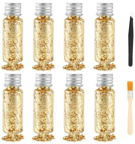 8 Flasche Blattgold Essbar, Dessert Goldfolie Flocken Multifunktion Blattgold Blätter Lebensmittel-Goldfolie Dekoration für Mousse-Kuchen Backen Schokolade Kunsthandwerk Dekoration(+1 Clip+1 Pinsel)