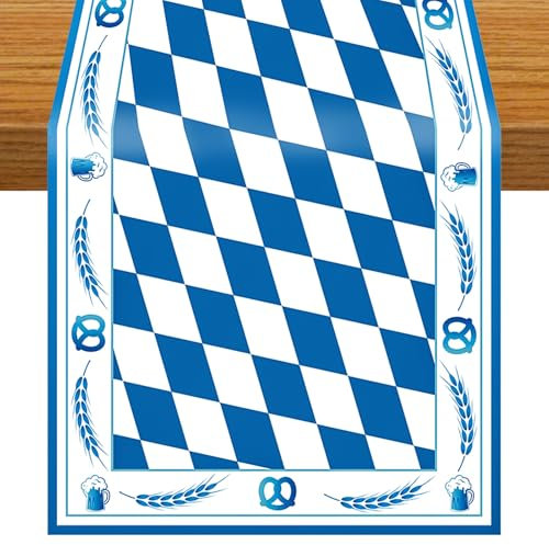 YRsorn Oktoberfest Tischläufer - Oktoberfest Deko Blau Weiß, Bayrische Deko für Oktoberfestparty Grillparty, 35x180cm
