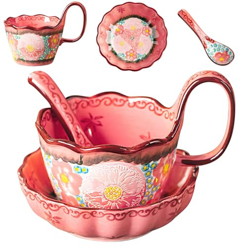 Soup Bowls with Handles, 3Pcs Ceramic Pink Plates and Bowls Sets with Cup, Spoon & Plate, Soup and Sandwich Plate Combo, Polish Pottery Mug for Breakfast, Snacks, Dessert, Dishwasher & Microwave Safe