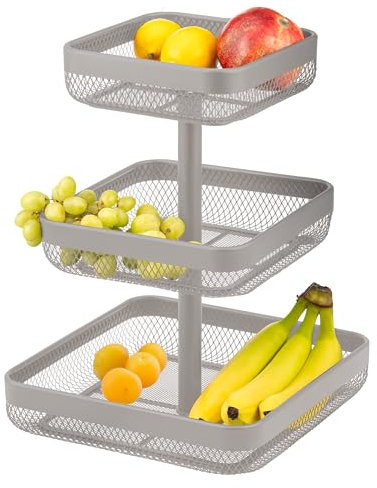 eluno 3-stöckige eckige Obstetagere/Brotkorb, Etagere, Obstschale, Obstkorb, viel Platz für die übersichtliche Lagerung von Obst, Gemüse, Brot und Snacks in Küche und Wohnzimmer aus Metall (Taupe)