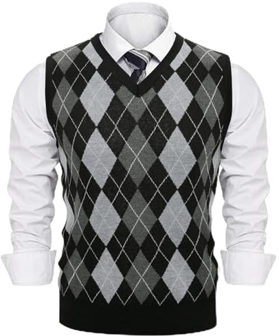 Sykooria Gilet Argyle Tricoté pour Homme – Cardigan sans Manches Classique à Col en V, Pull Débardeur Chaud Automne Hiver