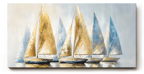 Sinus Art Wandbild 120x60cm Dynamisches Motiv mit sieben Segelbooten in Blau und Goldtönen – stilvoll und maritim zugleich