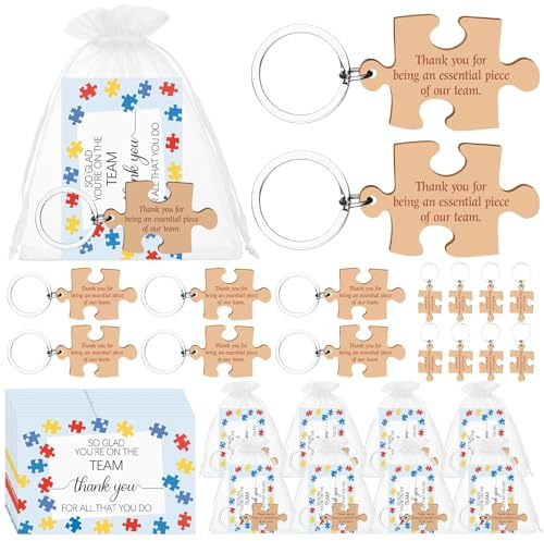 WWmily Team Appreciation Gifts Wooden Puzzle Keychain with Inspirational Cards Organza Bags Thank You Gift Keyring Coworker Leaving Presents for Employees Colleague Staff Teacher Nurse
