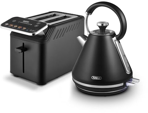 Tower Mirage Kitchen Set, 1.7L Rapid Boil Kettle, 2 Slice Toaster with Digital Control Panel, 925W, Black with Chrome Trim, EEJB333