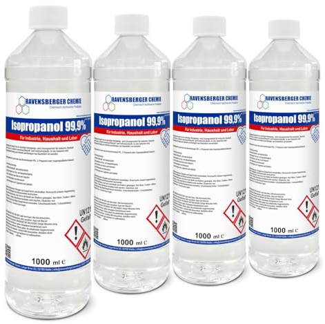 Ravensberger Chemie Isopropanol 99,9% IPA – Isopropylalkohol Reinigungsalkohol zum Entfetten & Reinigen – Lösungsmittel für Elektronik, Glas, Auto & Werkstatt (4x 1 Liter)