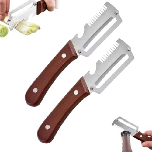 Pelador de verduras multifuncional, pelador de verduras con abridor de botellas y mango de madera, pelador de patatas 3 en 1 para cocina, pelador de verduras de acero inoxidable para pelar frutas