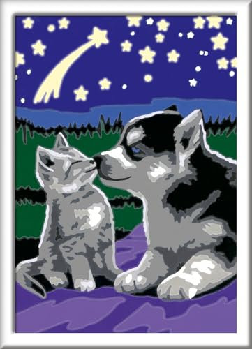 Ravensburger CreArt 27847 Dog and Cat Painting by Numbers from 7 Years, Painting Set with Frame, Brush and Acrylic Paints, Gift for Girls and Boys, Glow in the Dark