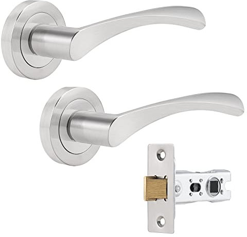 Probrico Brushed Nickel Round Rose Door Handle, Twisted Lever Internal Door Handles Set with 65mm Latch, Passage Handles Ideal for All Interal Doors, 1 Pack
