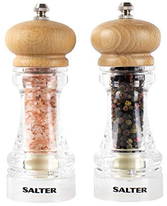 Salter Beech Wood Mill Set - Salt & Pepper Mills, Ceramic Grinding Mechanism, Spice Mills with Adjustable Grind from Fine to Coarse, Twist to Grind, Clear Acrylic Body, Natural Wooden Top, 7607 WDXR