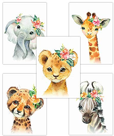 Pandawal Kinderzimmer Deko Babyzimmer Bilder Mädchen und Junge Baby Tiere Safaritiere Blumen Elefant Giraffe Zebra Löwe Gepard 5er Poster Set (T15) Kinderposter DIN A4