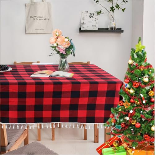 Karierte Tischdecke aus Baumwolle, rot und schwarz, Büffelkariert, 140 x 200 cm, rechteckig, Weihnachtstischdecke, kariert, Leinen-Tischdecken für Küche, Esszimmer