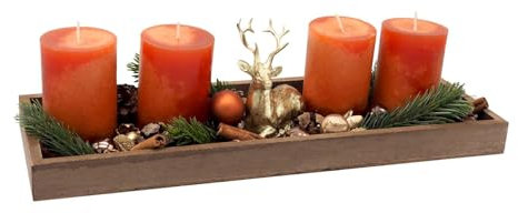 ZauberDeko Adventsgesteck Weihnachten Deko Tablett Holz Hirsch Gold Kerze Orange Tischdeko 40cm