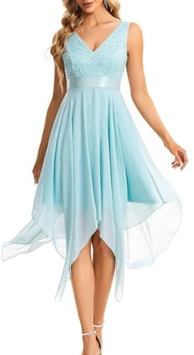 Ever-Pretty Women's Sleeveless V Neck Empire Waist A Line Lace Chiffon Midi Cocktail Evening Dresses with Asymmetry Hem Blue 20UK