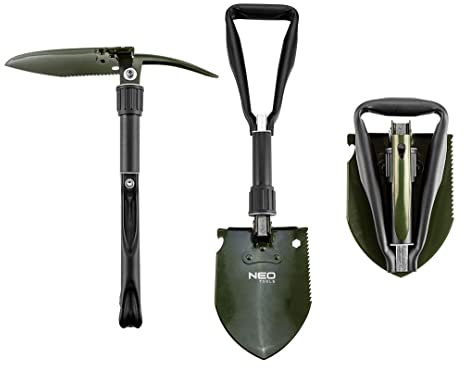 NEO Tools Klappschaufel Klappspaten fünf Funktionen in Einer, Spaten, Spitzhacke, Flaschenöffner, Säge, 10-mm-Steckschlüssel, Beutel zum Tragen und Au