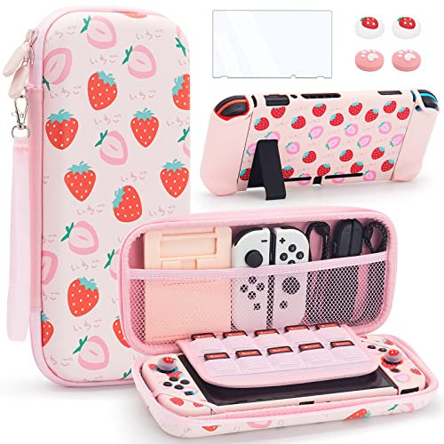 Switch Tasche Case Hülle für Nintendo Switch Reisezubehör Tragetasche Kit mit Spieltasche und 2 Daumengriffkappen (Rosa)