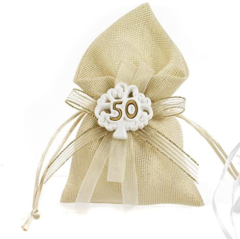 PABEN 36 Sacchetti Portaconfetti Bomboniera Nozze d'oro con Albero della Vita e Nr. 50 in Stoffa e Porcellana 16 cm