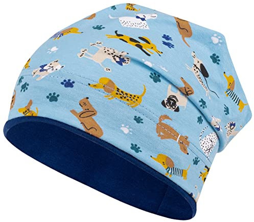 Jungen Mütze Beanie Übergangsmütze Dinosaurier Drachen Krokodil Frühling Herbst, Größe: 50/52, Farbe: Hellblau-Hunde
