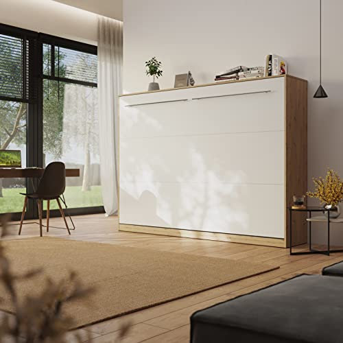 Schrankbett Standard 140x200 Horizontal Wildeiche/Weiß ausklappbares Wandbett, ideal geeignet als Wandklappbett fürs Gästezimmer, Büro, Wohnzimmer, Schlafzimmer