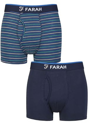Farah Men’s Bamboo Keyhole Trunks – 2 Pack Soft Breathable Underwear, Plain & Stripe Design with Stretch Fit for Everyday Comfort, Sizes S–XXL Stripe Dark Navy/Blue XL