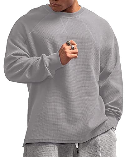 Herren Basic Langarmshirts Waffel Sweatshirt Lockere Trainieren Zur Seite fahren Rundhalsausschnitt Shirt Grau XL