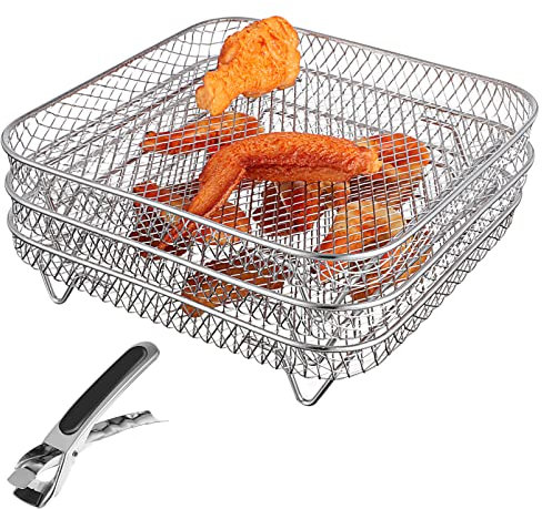 Luxshiny Air Fryer Rack for Air Fryer 3PCS Stainless Steel Air Fryer Rack with Clip, Square Stackable Baking Basket Multi-Layer Dehydrator Rack Air fryer Accessories Airfryer Liners