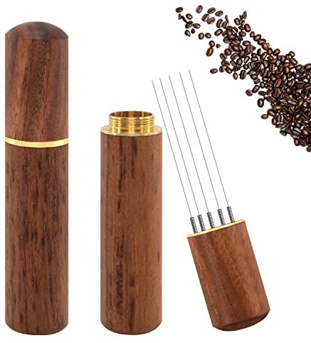 Zayin Espresso Coffee Stirrer, Espresso Distribution Tool Coffee Stirring Tool,Professional Barista Hand Needle Type Distribution Tool 5 Needles 0.4mm Natural Wood Handle and Stand