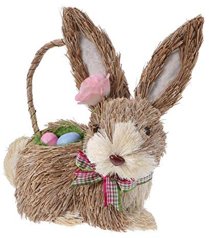 Veemoon Stroh-Kaninchen-Ornament Osterkörbchen Rattan Korbtasche Osterhase Strohhase Für Den Garten Osterhase Miniaturfigur Simulation Kaninchen Ostern Stroh Stielbündel Seetang Kind
