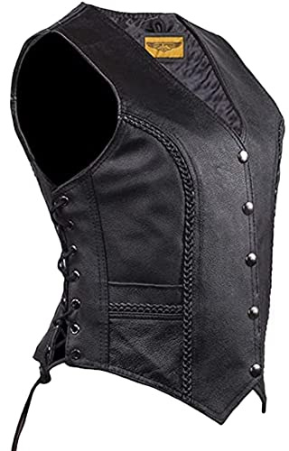 Dream Apparel Motorradweste für Damen, Leder, zum Reiten, mit verdeckten Tragetaschen, Biker-Weste, Club-Weste mit seitlichen Schnürsenkeln, Schwarz