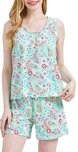 CHUNG Women's Short Pajama Set Cotton Tank Tee Top Pjs Shorts Cute Animals Print Summer Plus Size Green Paisley, XL