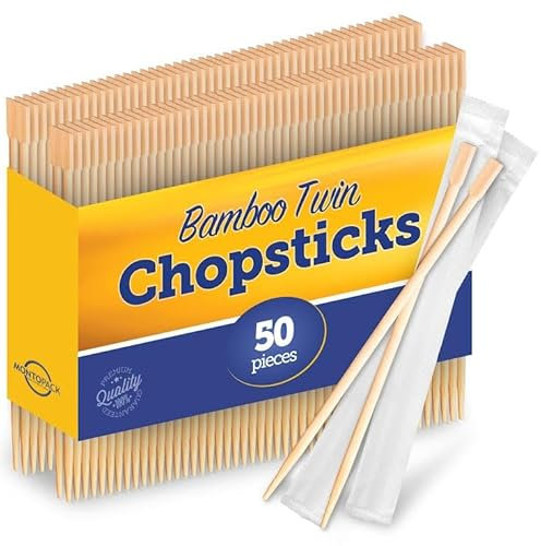 MontoPack Individually Wrapped Twin Chopsticks | Bulk 50 Pack Disposable Wooden Chopsticks | Chinese Bamboo Splinter-Free Party Utensil for Sushi, Rice, Noodles & All Asian, Japanese, Korean Dishes