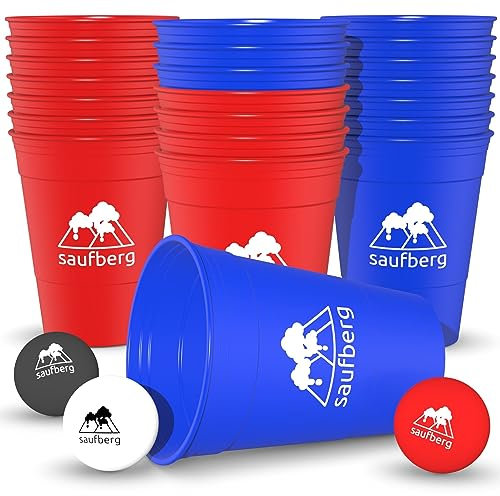 saufberg Beerpong Set – 22 bicchieri in plastica dura riutilizzabili | lavabili in lavastoviglie | bicchieri per feste | festival | compleanno | birreria pong | coppe rosse estremamente stabili | con