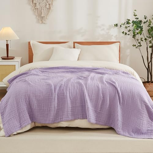 EMME - Coperta in mussola di cotone al 100%, per adulti, 203,2 x 228,6 cm, 6 strati, traspirante, morbida, ampia, per tutte le stagioni, prelavata, da divano, copriletto, colore: lilla