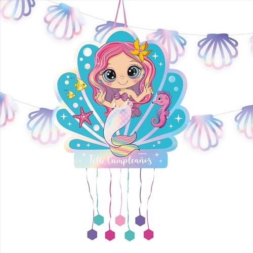 OH YEAH Piñata zum Kindergeburtstag, Meerjungfrau mit Girlande, große Pinata, Meerjungfrauengirlande, Dekoration für Kinderpartys, Pinata, 44 x 44 cm, Girlande 2,5 m, einfache Montage